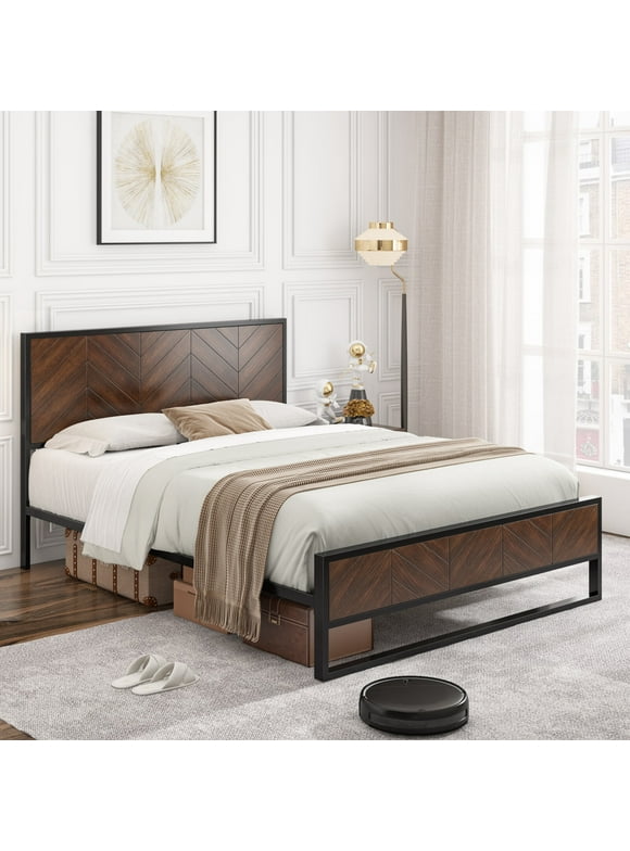 Homfa Brown Full Size Metal Platform Bed with Wooden Headboard & 11'' Under-Bed Storage Space, No Box Spring Needed
