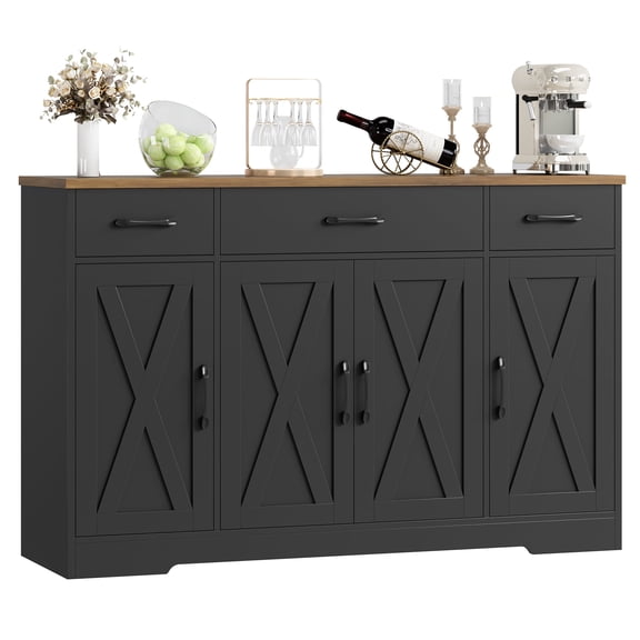 Homfa Buffet Cabinet with 3 Drawers and 4 Doors, 55.1" W Kitchen Sideboard Storage Cabinet with Adjustable Shelves, Farmhouse Coffee Bar for Dining Room, Black & Brown