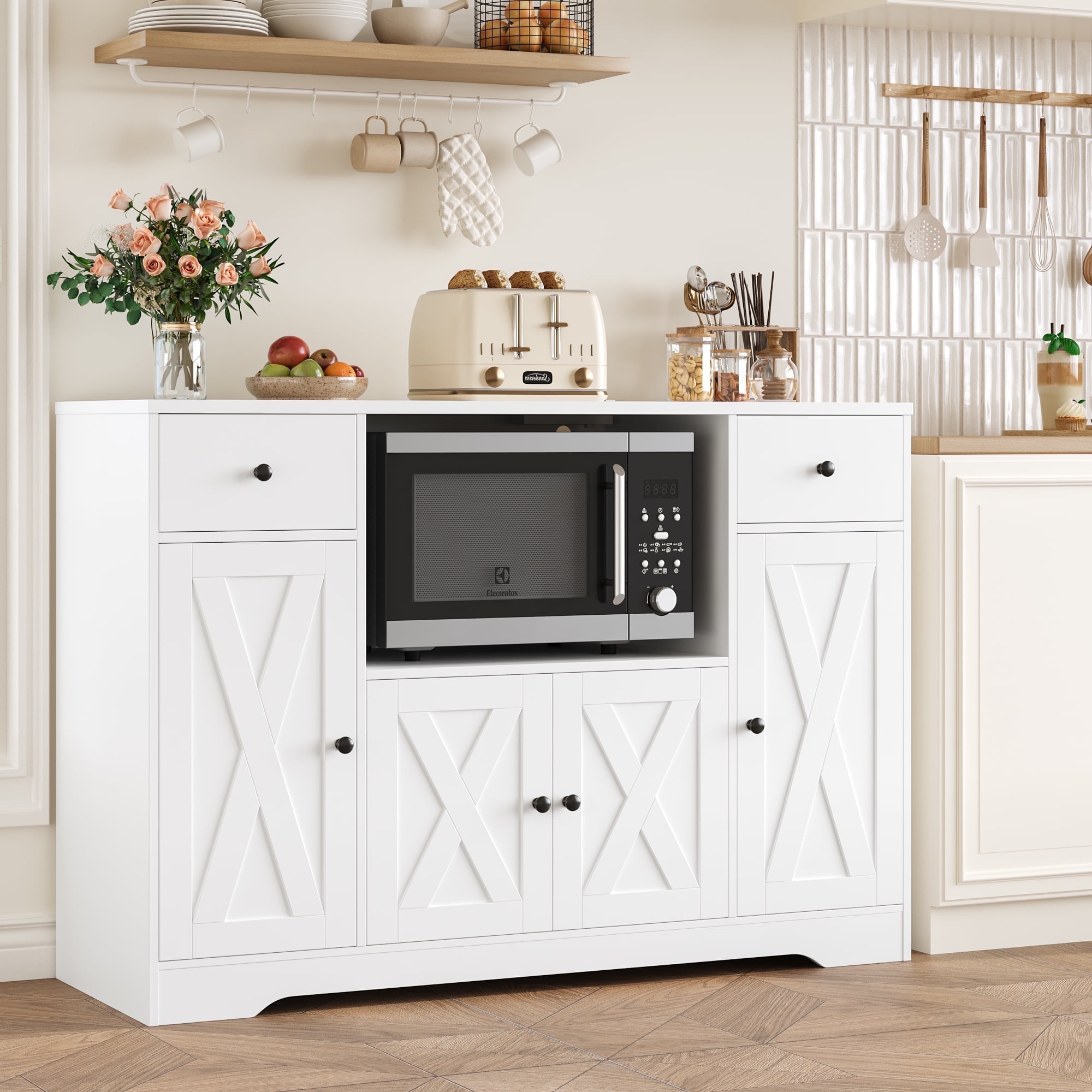 Homfa Kitchen Buffet Cabinet With Microwave Shelf Sideboard With 