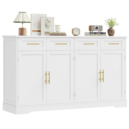 Homfa Modern Buffet Cabinet with 4 Drawers and 4 Doors, 59" W Sideboard Buffet Storage Cabinet with Shelves, for Kitchen Living Room Bedroom, White