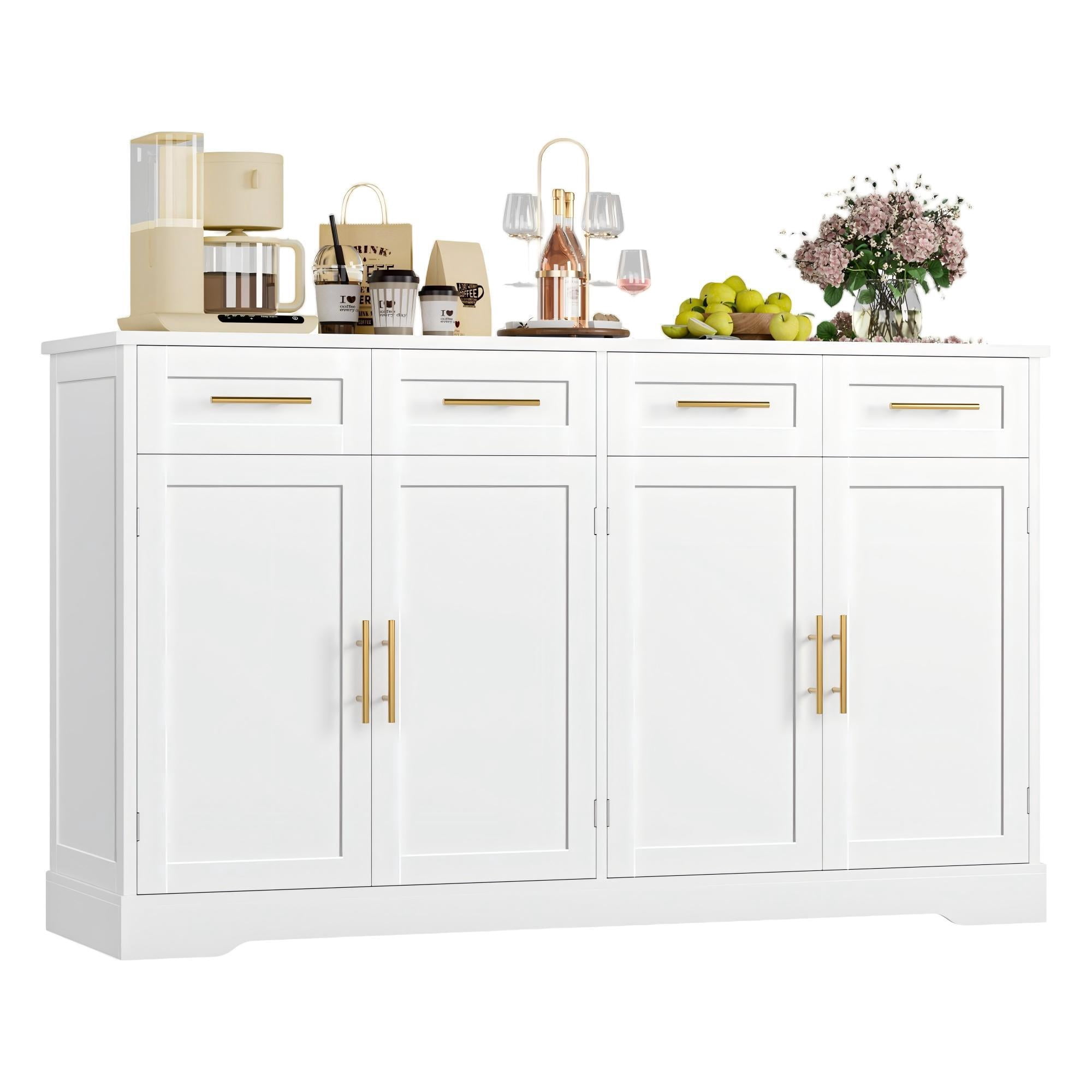 Homfa Modern Buffet Cabinet with 4 Drawers and 4 Doors, 59" W Sideboard Buffet Storage Cabinet with Shelves, for Kitchen Living Room Bedroom, White