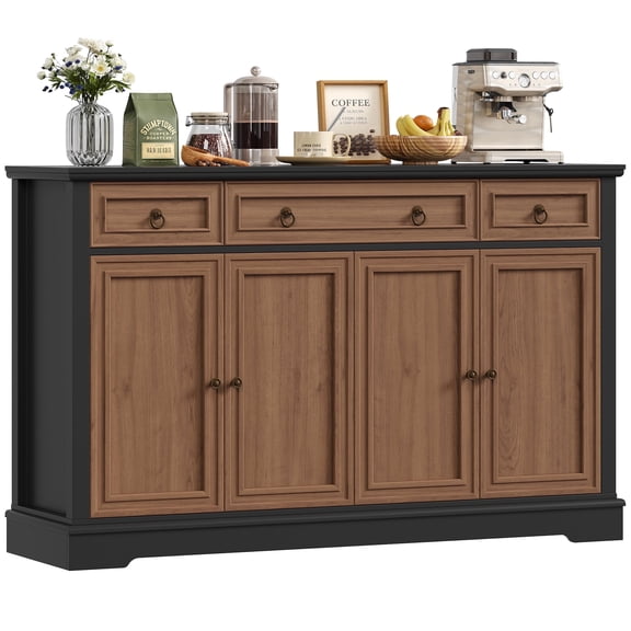 Homfa Buffet Cabinet with Drawers, 53.5”W Sideboard Storage Cabinet with Adjustable Shelf for Kitchen Dining Room, Oak & Black
