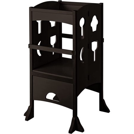 Homfa Children's Kitchen Stool, Wooden Standing Tower Safety Standing Folding Stool with Lockable Handrails, Espresso