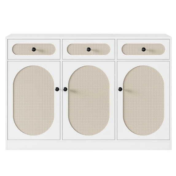 Homfa Coffee Bar Cabinet with Adjustable Shlef, Modern Storage Cabinet for Living Room, Rattan Decor, White