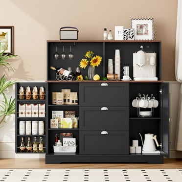Homfa Coffee Bar Cabinet with Hutch, 47.2" W Kitchen Buffet Sideboard Cabinet with 3 Drawers & USB Power Station, Black