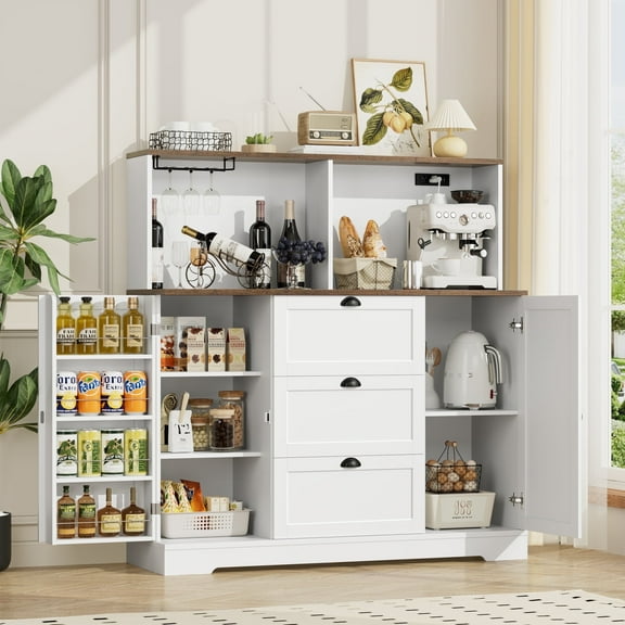 Homfa Coffee Bar Cabinet with Hutch, 47.2" W Kitchen Buffet Sideboard Cabinet with 3 Drawers & USB Power Station, White