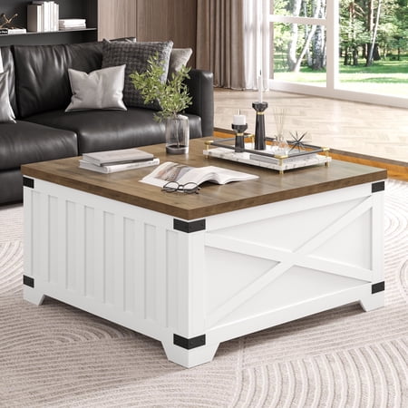 Homfa Coffee Table with Large Hidden Storage, Farmhouse Square Wood Center Table with Hinged Lift Top, White & Brown