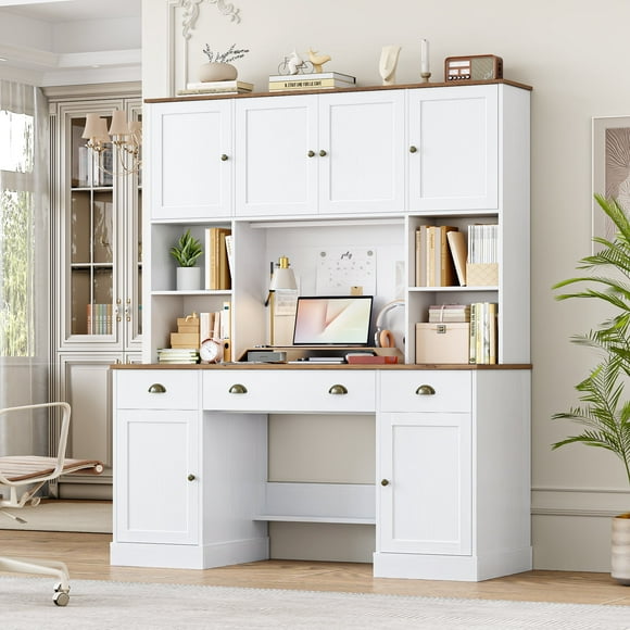 Homfa Computer Desk with Hutch & Adjustable Shelf, 3 Drawer Wooden Executive Desk for Home Office, White
