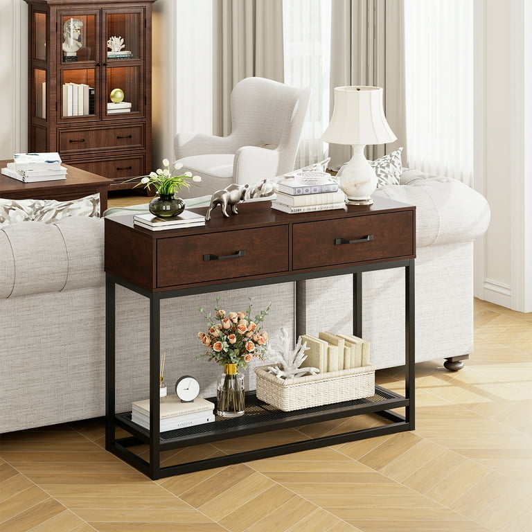 Homfa Console Table with Drawers Narrow Entryway Table with Storage Shelf Sofa Table for Living Room Foyer Cherry