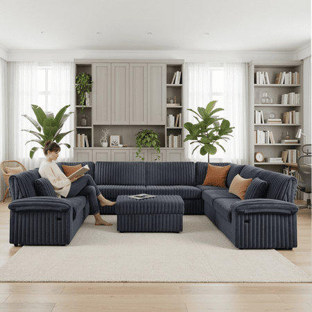 Homfa U-Shaped Corduroy Modular Sectional Sofa with Ottoman, 8-Seater Chaise Lounge with USB Charging Ports & 2 Throw Pillows, Dark Grey