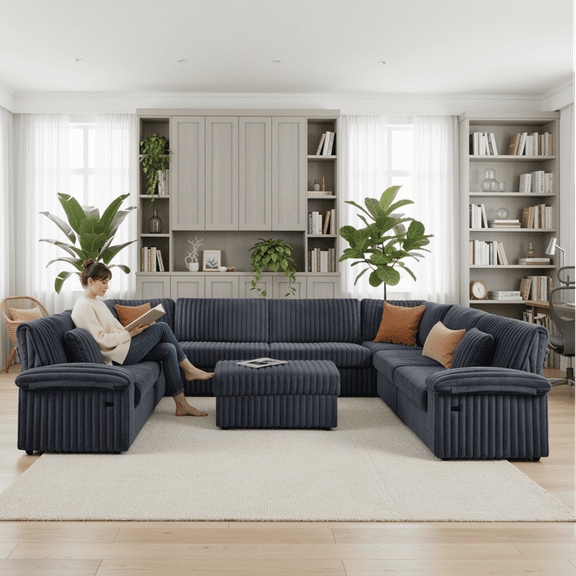 Homfa U-Shaped Corduroy Modular Sectional Sofa with Ottoman, 8-Seater Chaise Lounge with USB Charging Ports & 2 Throw Pillows, Dark Grey