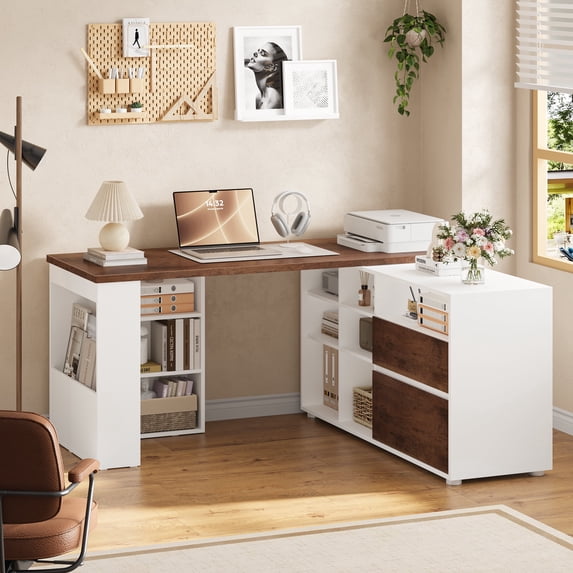 Homfa L Shaped Reversible Computer Desk with Cube Storage Organizer, 2 Drawer Wooden Farmhouse Executive Desk for Home Office, White
