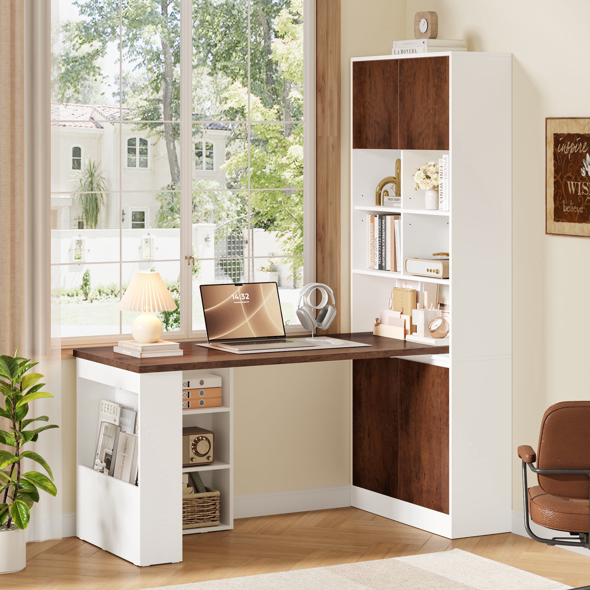 Homfa Computer Desk with Tall Bookcase, 4 Doors Wooden Farmhouse Executive Desk for Home Office, White