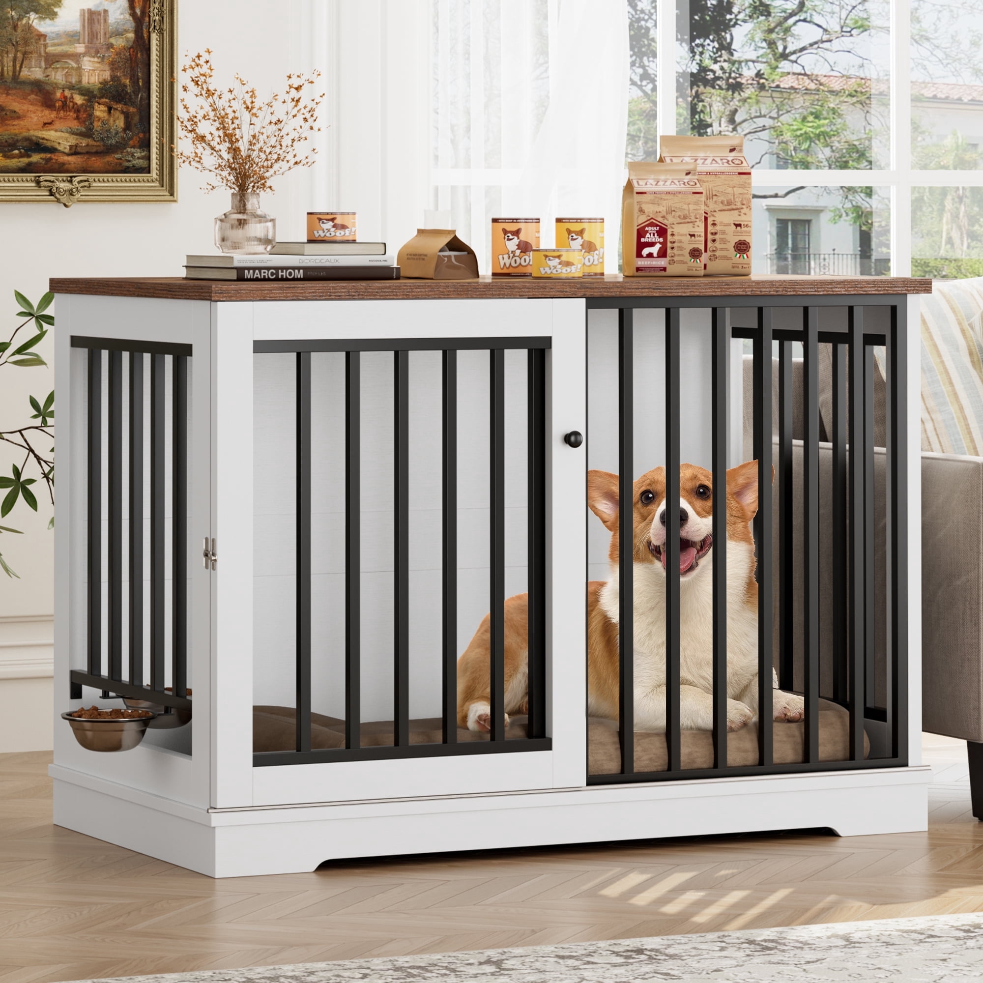 View of Modern Homfa Dog Crate, 47.2'' Wood Kennel Table with Sliding ...