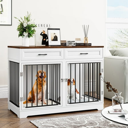 Homfa Dog Crate Furniture with 2 Drawers, 47.2 in Wooden Indoor Dog Cage Table with Divider,White