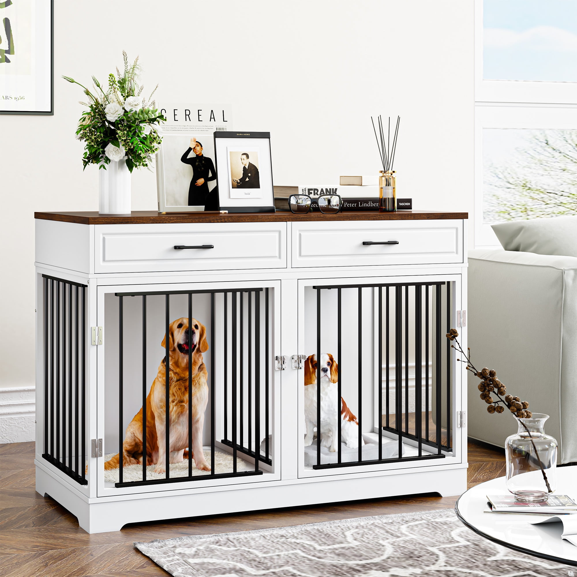 Homfa Dog Crate Furniture with 2 Drawers, 47.2 In Large Wooden Indoor