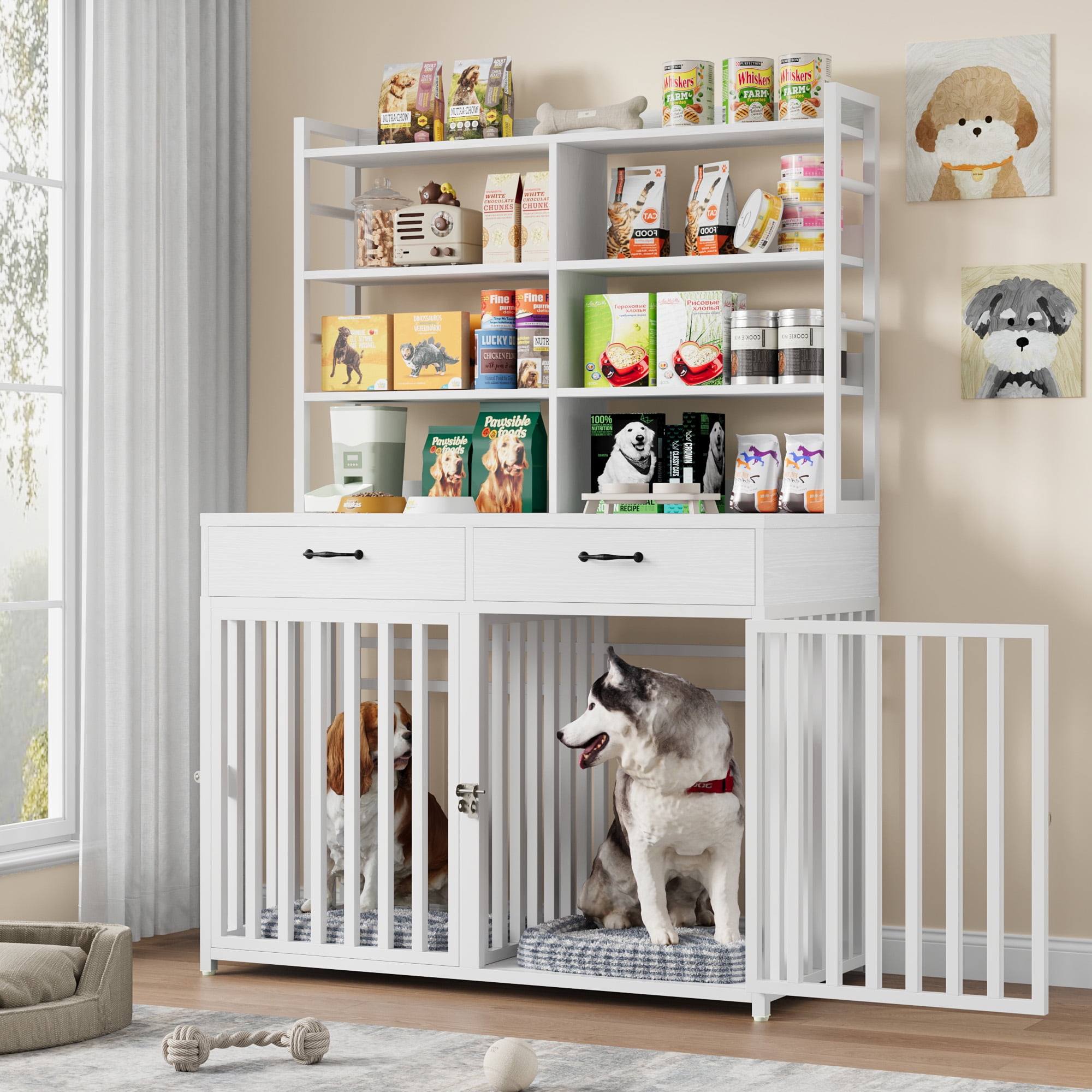 Homfa Dog Crate with 2-drawers and Storage Shelves, Indoor Furniture Style Metal Large Dog Kennel, White