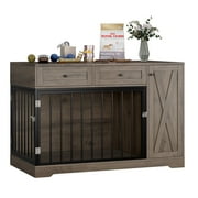 Homfa Dog Crate with Storage Cabinet and 2 Drawers, Indoor Furniture Style Wooden Large Dog Kennel, Wash Gray