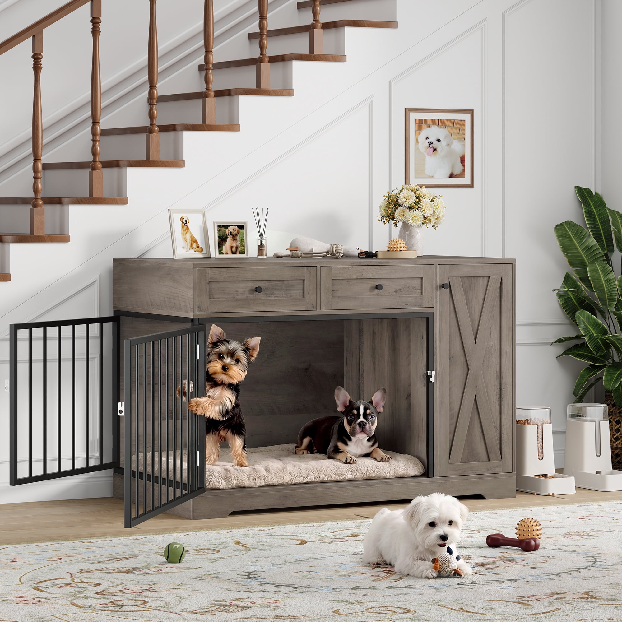 Homfa Dog Crate with Storage Cabinet and 2 Drawers, Indoor Furniture Style Wooden Large Dog Kennel, Wash Gray