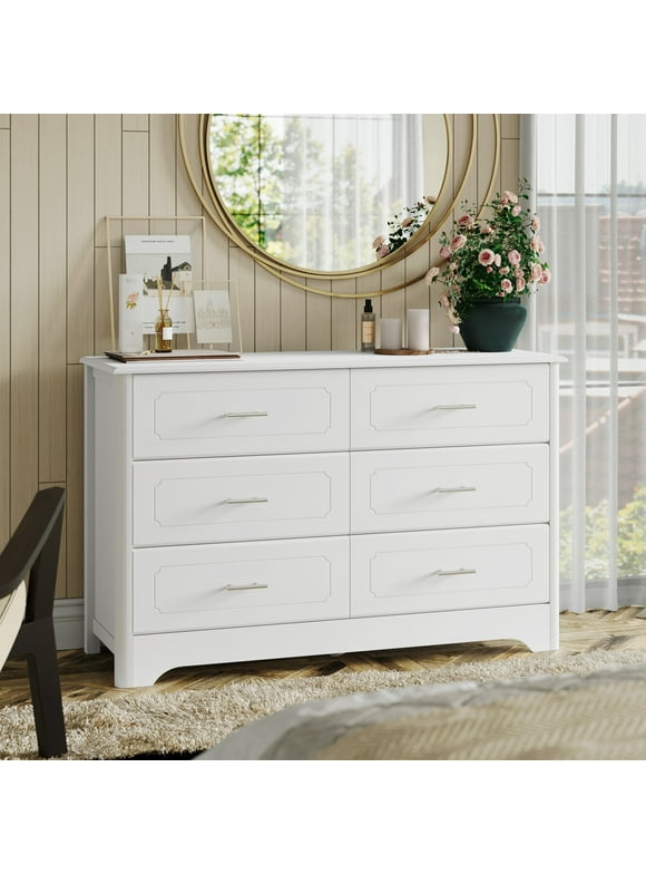 Homfa Double Dresser with 6 Drawer, White Horizontal Dresser Chest for Bedroom Kid's Room
