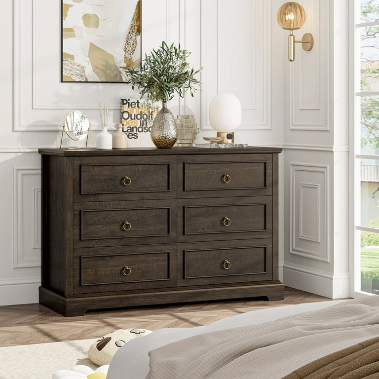 Homfa Double Dresser with 6 Drawers 47 Wide Chest of Drawers for Bedroom Storage Cabinet for Living Room Dark Brown
