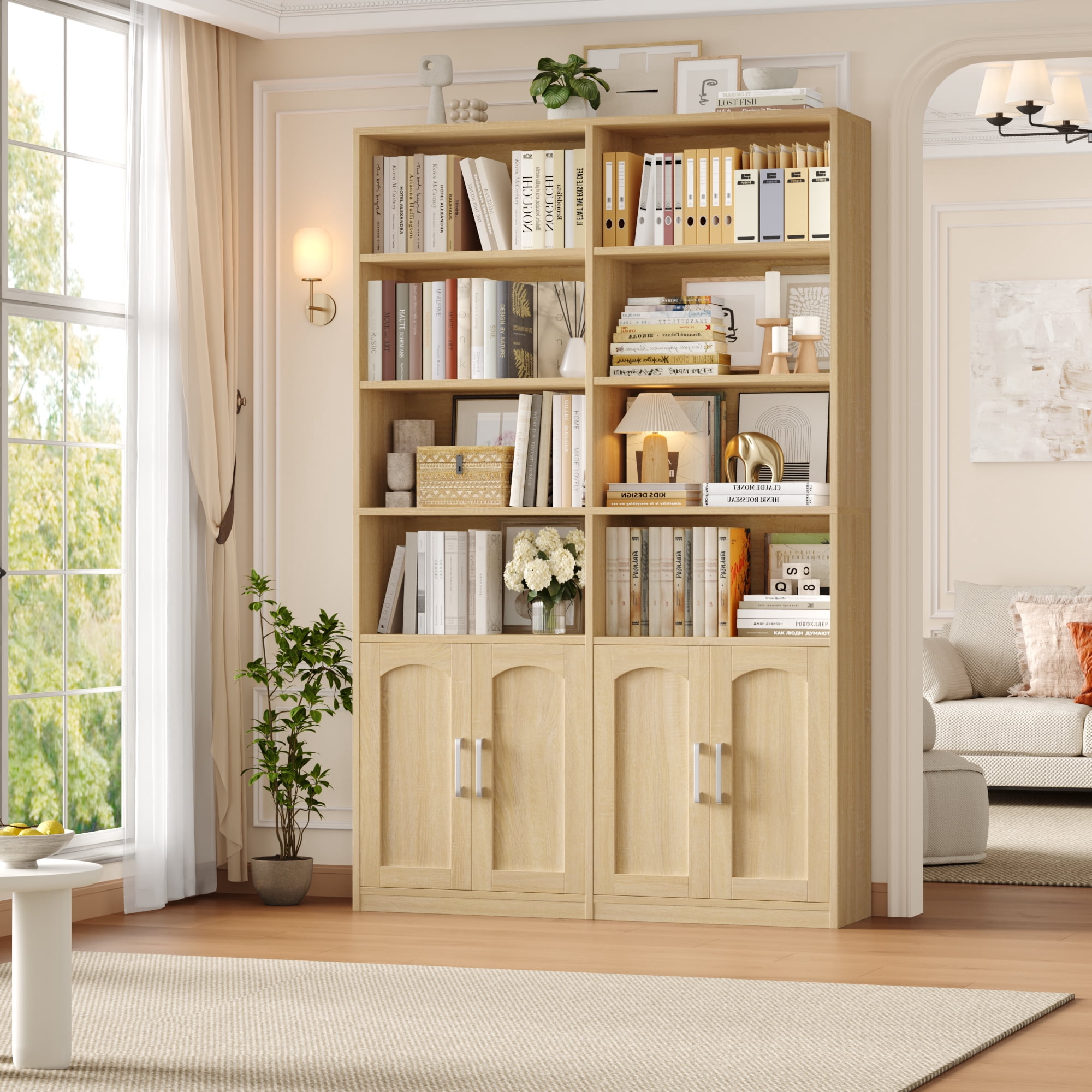 Homfa 73″ Tall Bookcases with Doors, 8 Cubes 6-Tier Double Row Bookshelf, Bookcase for Living Room Home Office, Light Oak