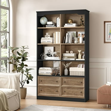 Homfa Double Row 6-tier Bookcases Floor Standing, 71 in Tall Bookcase Bookshelf with 4 Drawers and 8 Display Cubicles, for Home Office Living Room, Natural Oak