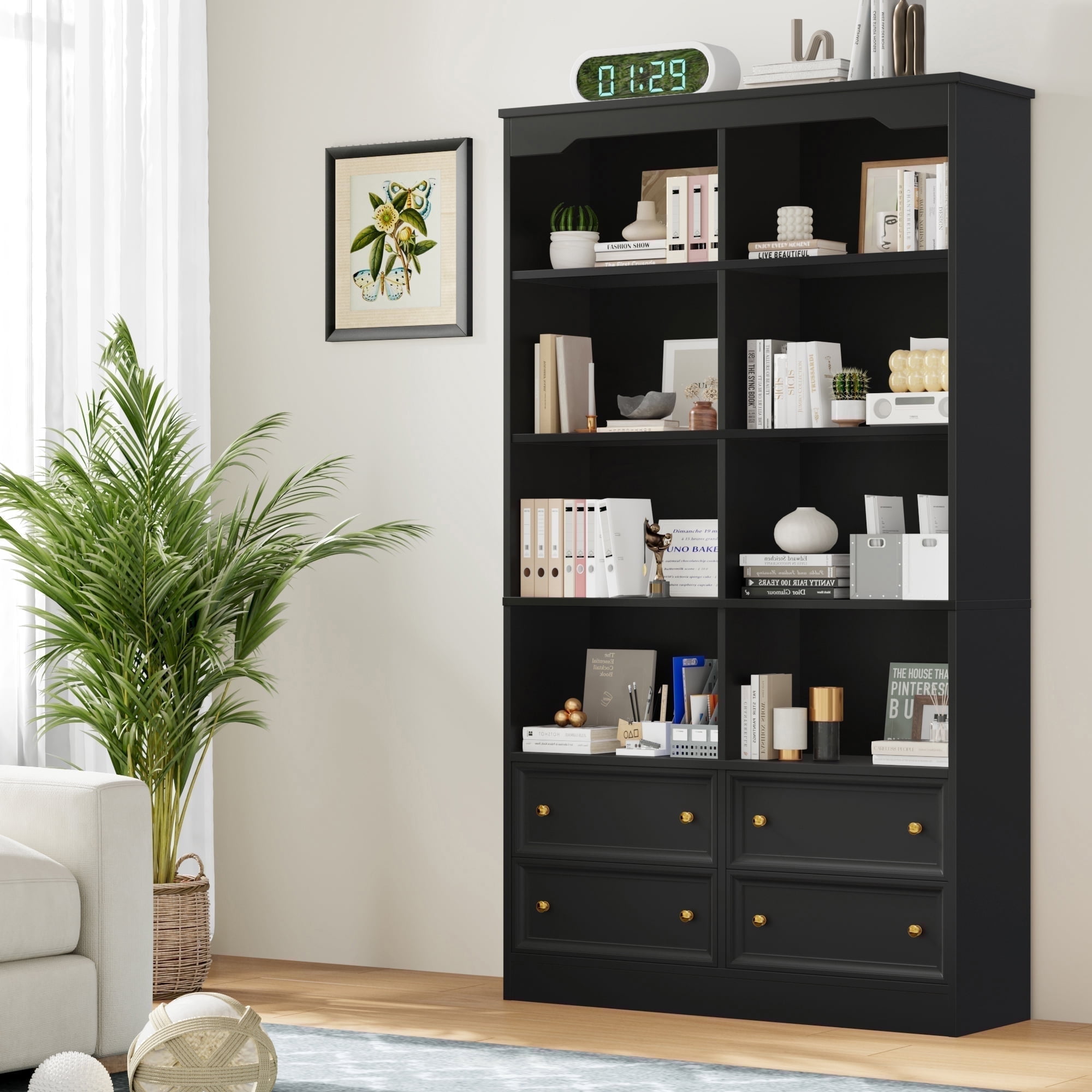 Homfa Double Row 6 Tier Bookcases, 71 in Tall Bookcase Bookshelf with 4 Drawers and 8 Display Cubicles, for Home Office Living Room, Black