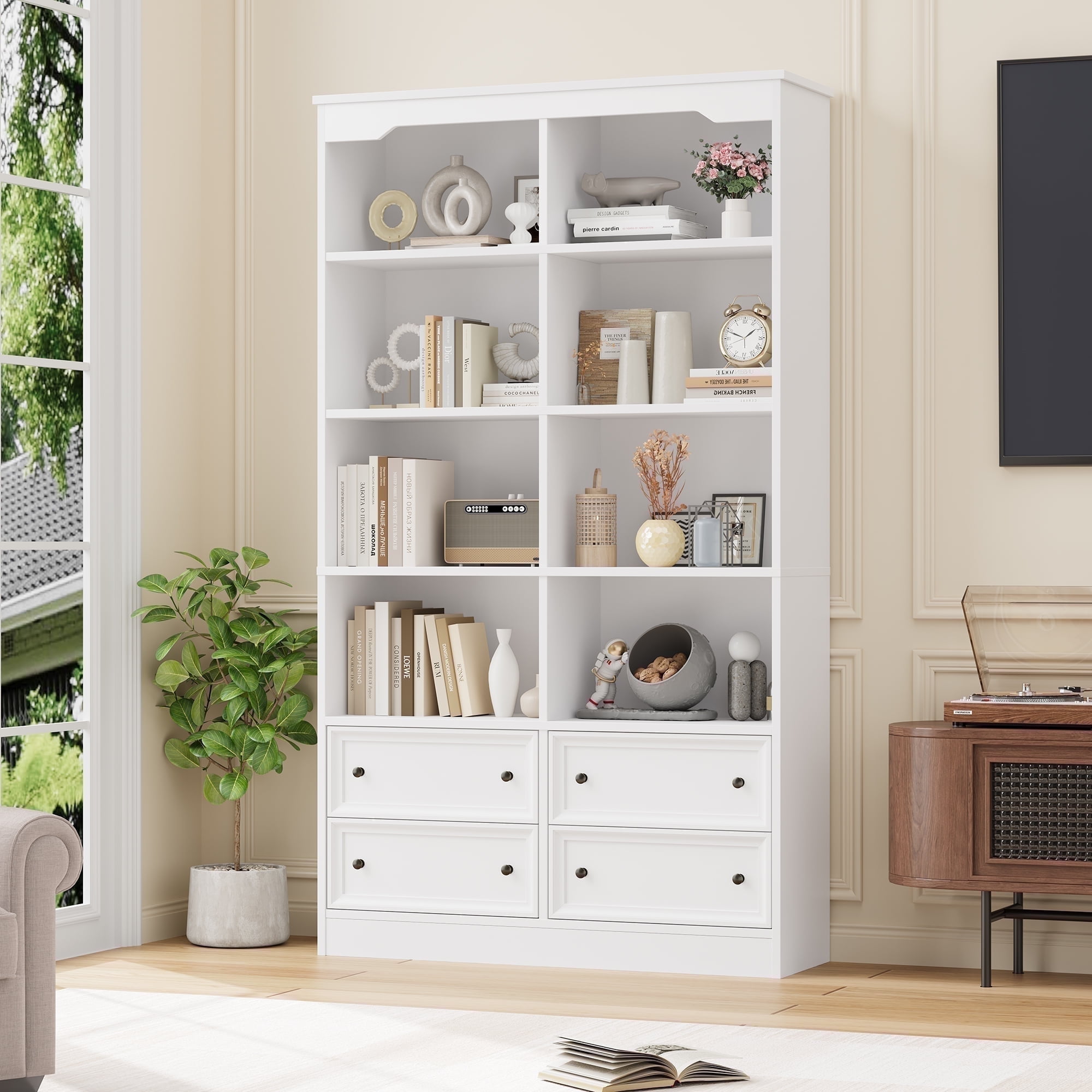 Homfa Double Row 6 Tier Bookcases, 71 in Tall Bookcase Bookshelf with 4 Drawers and 8 Display Cubicles, for Home Office Living Room, White