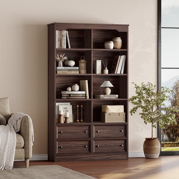 Homfa Double Row 6 Tier Bookcases, 71 in Tall Bookcase Bookshelf with 4 Drawers and 8 Display Cubicles, for Home Office Living Room, Mahogany Brown