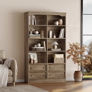 Homfa Double Row 6 Tier Bookcases, 71 in Tall Bookcase Bookshelf with 4 Drawers and 8 Display Cubicles, for Home Office Living Room, Walnut