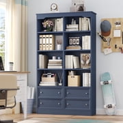 Homfa Double Row 6 Tier Bookcases, 71 in Tall Bookcase Bookshelf with 4 Drawers and 8 Display Cubicles, for Home Office Living Room, Blue