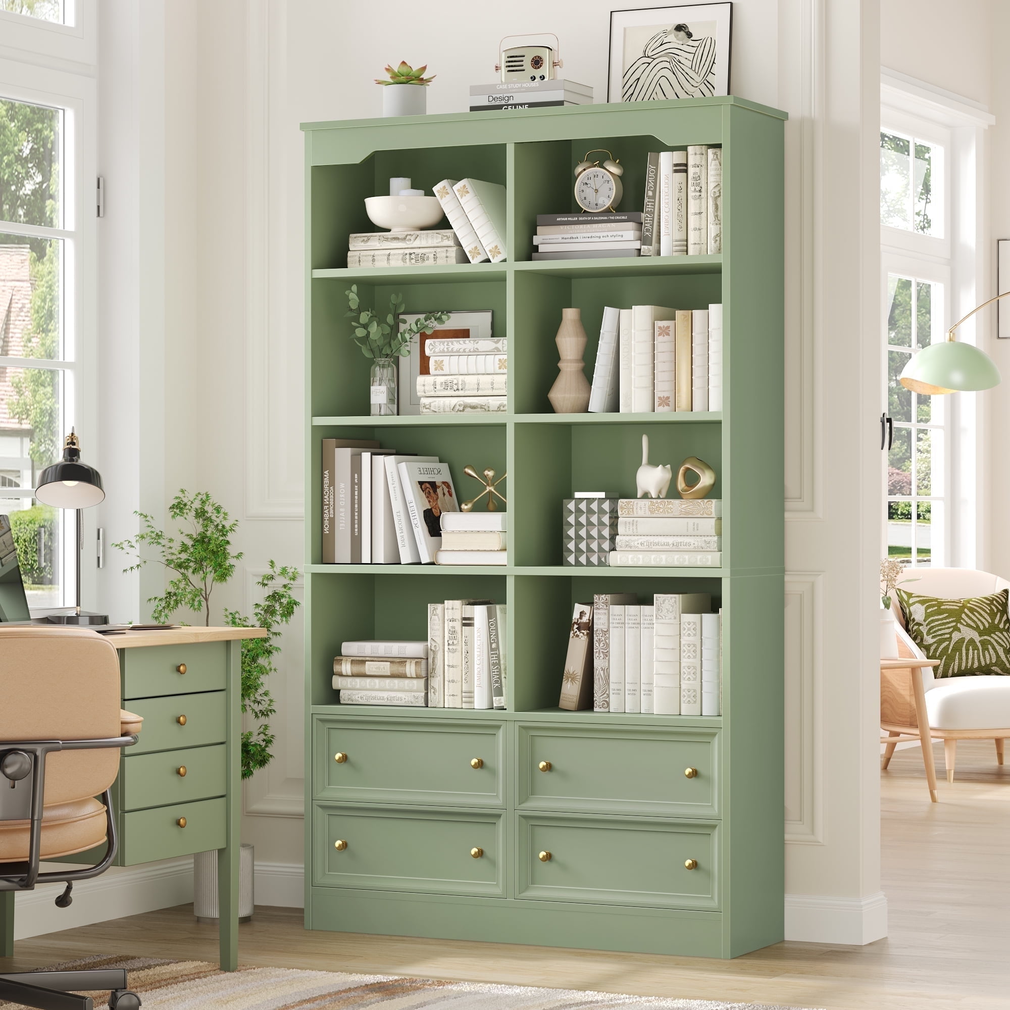 Homfa Double Row 6 tier Bookcases Floor Standing 71 Tall Bookcase Bookshelf 4 Drawers 8 Display Cubicles Home Office Living Room Green
