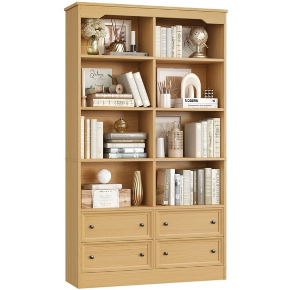 Homfa Double Row 6 Tier Bookcases, 71 in Tall Bookcase Bookshelf with 4 Drawers and 8 Display Cubicles, for Home Office Living Room, Natural