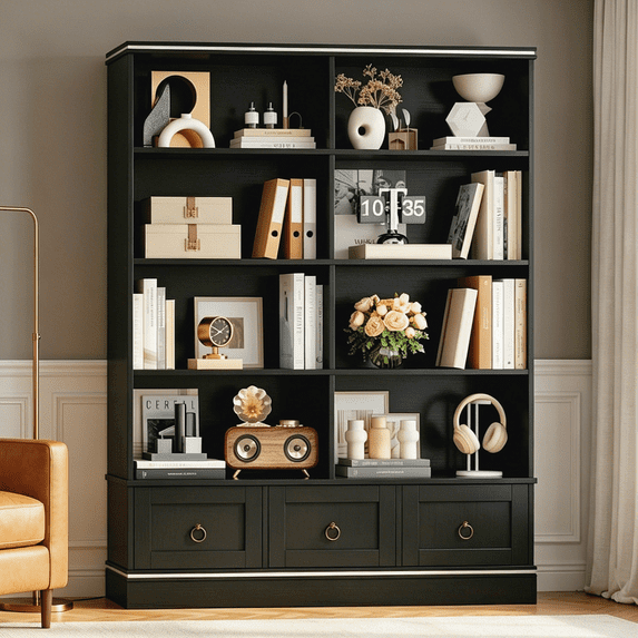 Homfa Tall Bookshelf with Drawers, Double Row 8 Cube 47'' Wide Bookcase for Living Room Office Small Space, Black