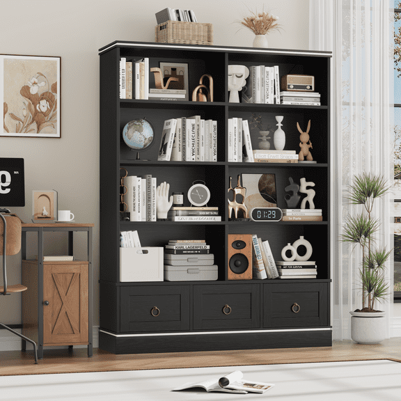 Homfa Double Row 5-Tier Bookshelf, 63'' Tall Bookshelf with 3 Drawers, 47'' Wide Bookcase for Office Living Room, Black