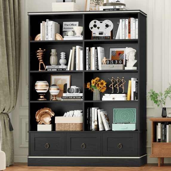 Homfa Tall Bookshelf with Drawers, Double Row 8 Cube 47'' Wide Bookcase for Living Room Office Small Space, Black
