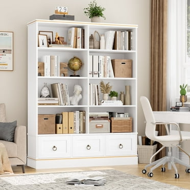 Homfa Double Row 5-Tier Bookshelf, 63'' Tall Bookshelf with 3 Drawers, 47'' Wide Bookcase for Office Living Room, White