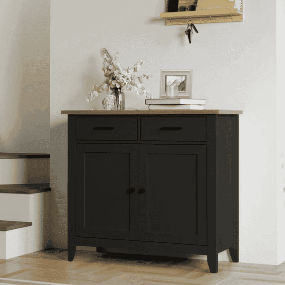 Homfa Entryway Cabinet, Kitchen Storage Cabinet,Farmhouse Buffet Sideboard with 2 Drawers & 2 Doors, Coffee Bar with Storage for Dining Room Living Room, Balck