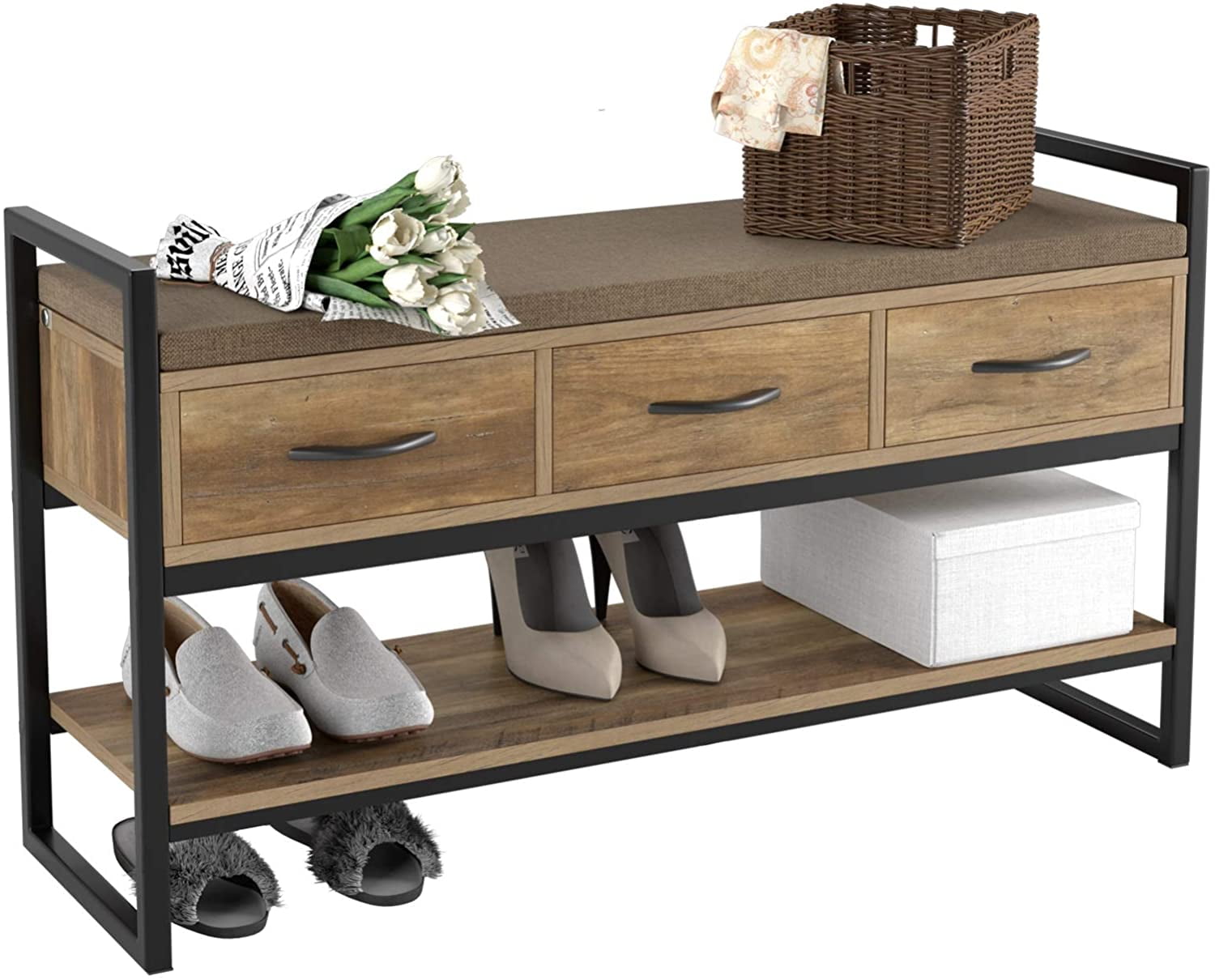 Pengruita Shoe Rack Bench 2-Tier Wood Heavy Duty Shoe Organizer Shelf for Entryway Living Room Bedroom, Brown
