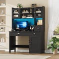 thumbnail image 1 of Homfa Executive Desk with Hutch & Power Outlets & LED Lights, Wood Writing Study Table, Home Office Computer Desk with Adjustable Shelves and Drawers, Black, 1 of 7
