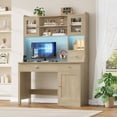 thumbnail image 1 of Homfa Executive Desk with Hutch & Power Outlets & LED Lights, Wood Writing Study Table, Home Office Computer Desk with Adjustable Shelves and Drawers, Oak, 1 of 7