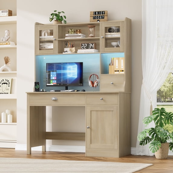 Homfa Executive Desk with Hutch & Power Outlets & LED Lights, Wood Writing Study Table, Home Office Computer Desk with Adjustable Shelves and Drawers, Oak