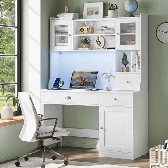Homfa Executive Desk with Hutch & Power Outlets & LED Lights, Wood Writing Study Table, Home Office Computer Desk with Adjustable Shelves and Drawers, White