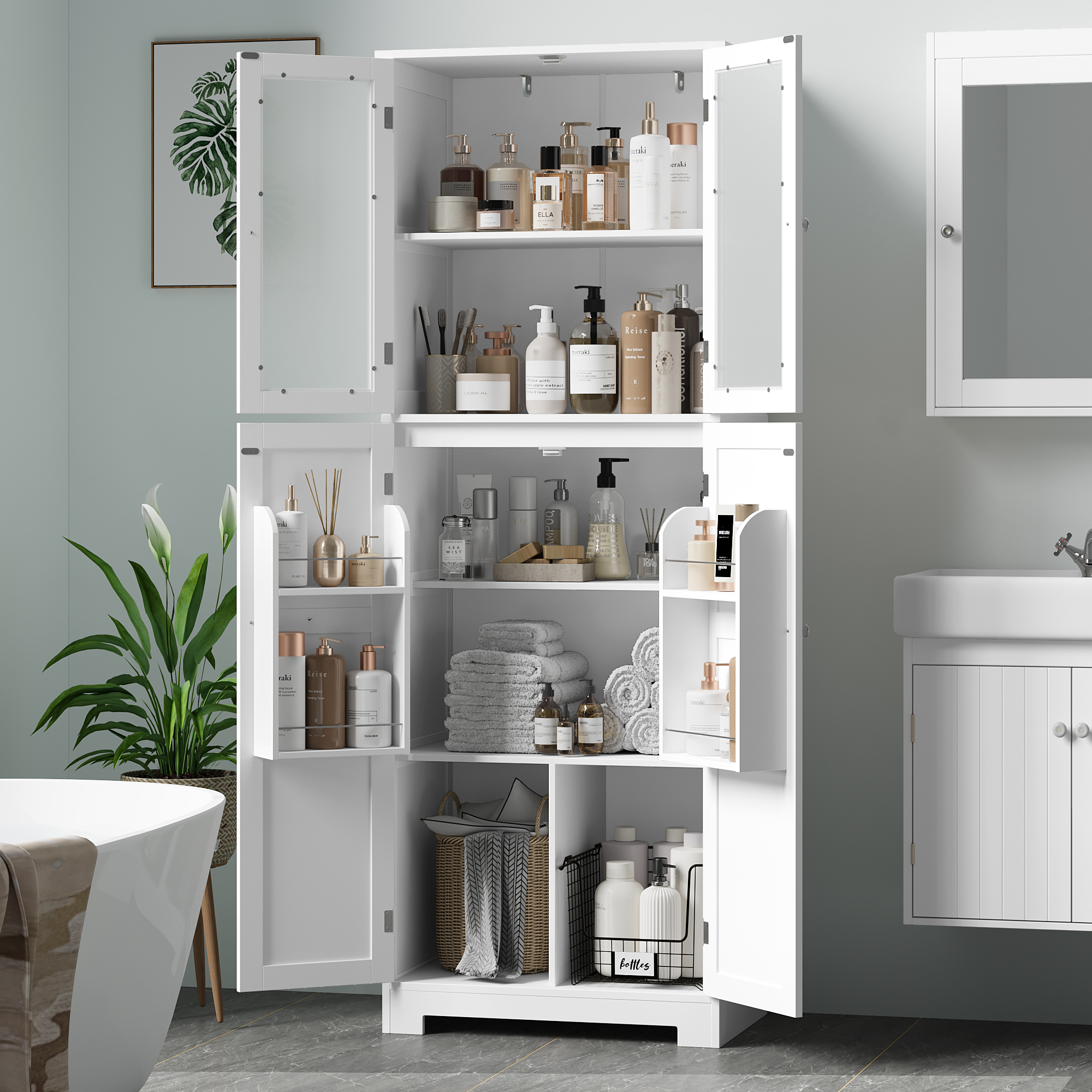 Homfa 4 Doors Bathroom Cabinet with Frosted Glass Doors, Farmhouse Floor Wooden Linen Cabinet for Bathroom, White