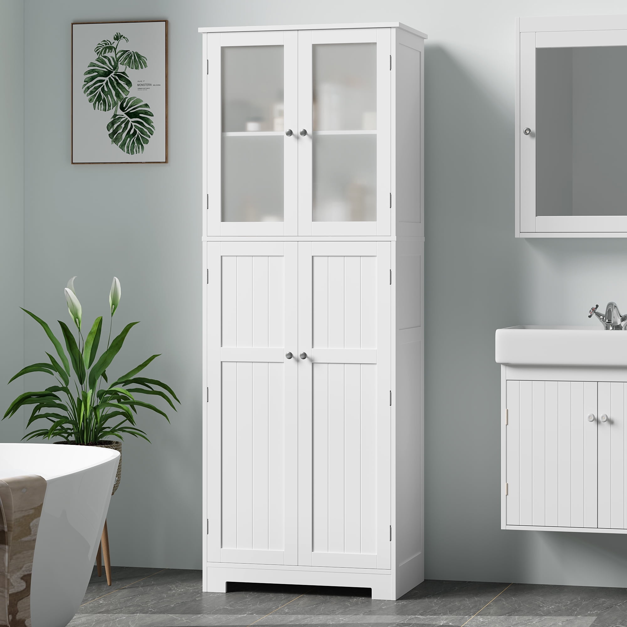 Homfa 4 Doors Bathroom Cabinet with Frosted Glass Doors Farmhouse Floor Wooden Linen Cabinet for Bathroom White
