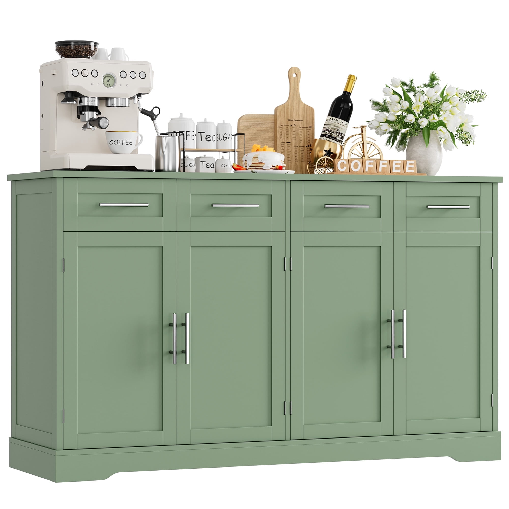 Homfa Farmhouse Buffet Cabinet with 4 Drawers and 4 Doors, 59" W Sideboard Buffet Storage Cabinet with Shelves, for Kitchen Living Room Bedroom, Green