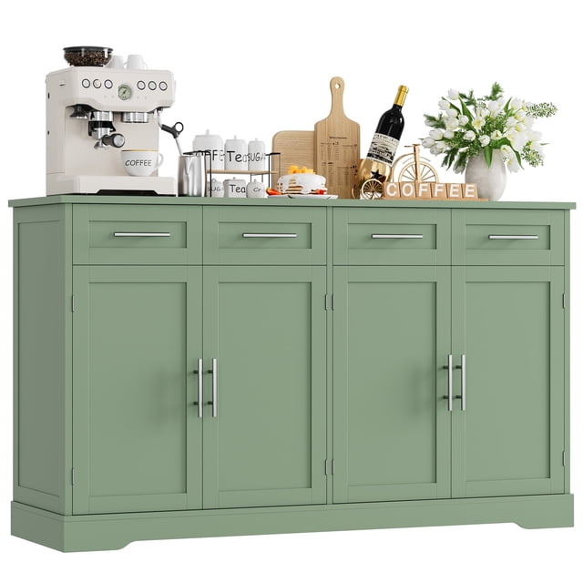 Homfa Farmhouse Buffet Cabinet with 4 Drawers and 4 Doors, 59" W Sideboard Buffet Storage Cabinet with Shelves, for Kitchen Living Room Bedroom, Green