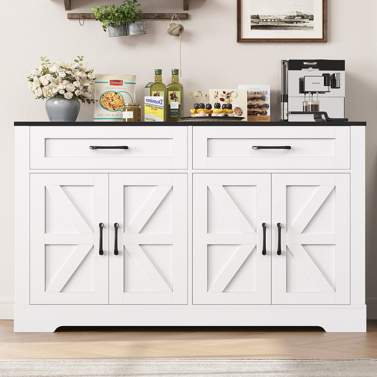 Homfa Buffet Cabinet with 2 Drawers and 4 Doors, Kitchen Sideboard Storage Cabinet, Farmhouse Coffee Bar Cabinet for Dining Room, White & Brown, Black & White