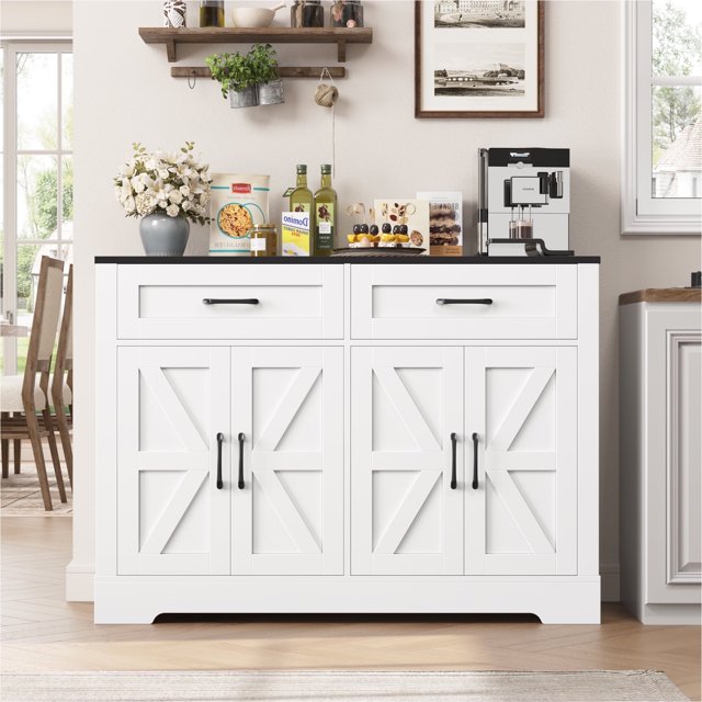 Homfa Farmhouse Kitchen Buffet Cabinet, 2 Large Drawers & 4 Doors Wood Sideboard Storage Cabinet for Living Room, Black+White